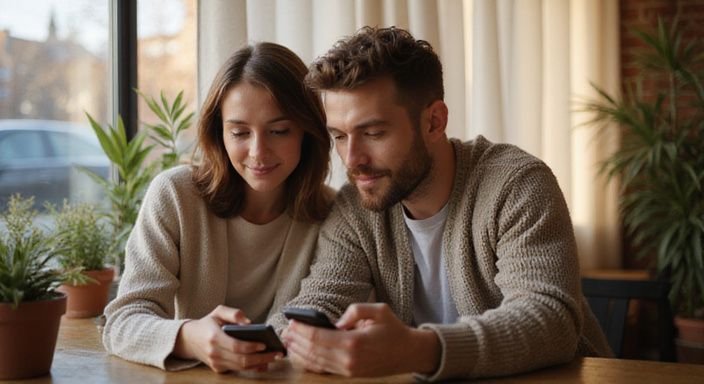 Ein Paar sitzt entspannt in einem Café und schaut auf Smartphones und wollen privater Sexkontakt.