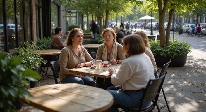 Eine Gruppe von Frauen genießt ein entspanntes Gespräch in einem Café. Eine Gruppe von Frauen genießt ein entspanntes Gespräch in einem Café.