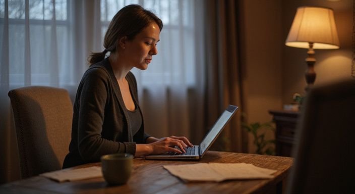 Eine Frau in ihren 40ern nutzt entspannt ihren Laptop. Eine Frau in ihren 40ern nutzt entspannt ihren Laptop und suche Sexdates mit reifen Frauen.