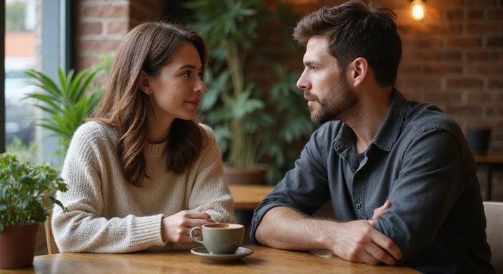 Ein Paar sitzt in einem Café und führt ein angeregtes Gespräch. Ein Paar sitzt in einem Café und führt ein angeregtes Gespräch über Sexdates mit reifen Frauen.