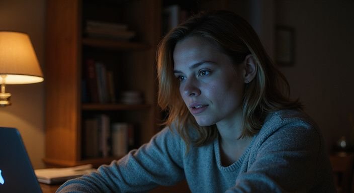 Eine Frau in einem gemütlichen Raum arbeitet konzentriert am Laptop. Eine Frau in einem gemütlichen Raum arbeitet konzentriert am Laptop und wollen Sexdates mit reifen Frauen.