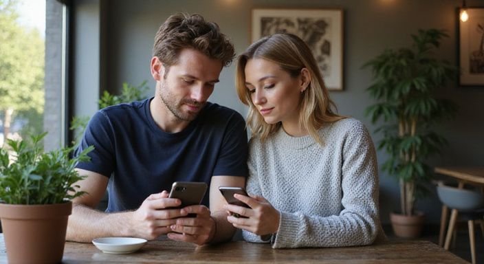 Zwei Erwachsene diskutieren konzentriert in einem gemütlichen Café. Zwei Erwachsene diskutieren konzentriert in einem gemütlichen Café.