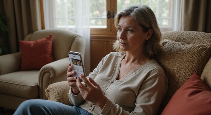 Eine Frau in den Fünfzigern nutzt eine Dating-App auf ihrem Smartphone. Eine Frau in den Fünfzigern nutzt eine Dating-App auf ihrem Smartphone.