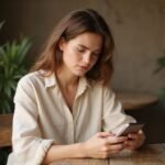 Sexdates mit reifen Frauen: So findest du diskrete Treffen in deiner Nähe Eine junge Frau sitzt am Tisch und tippt konzentriert auf ihr Smartphone