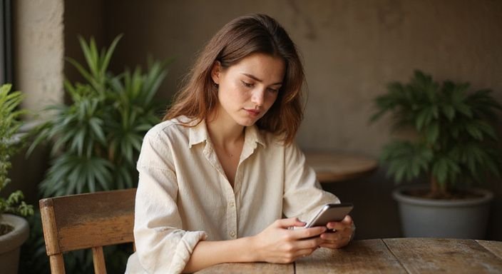 Eine junge Frau sitzt am Tisch und tippt konzentriert auf ihr Smartphone
