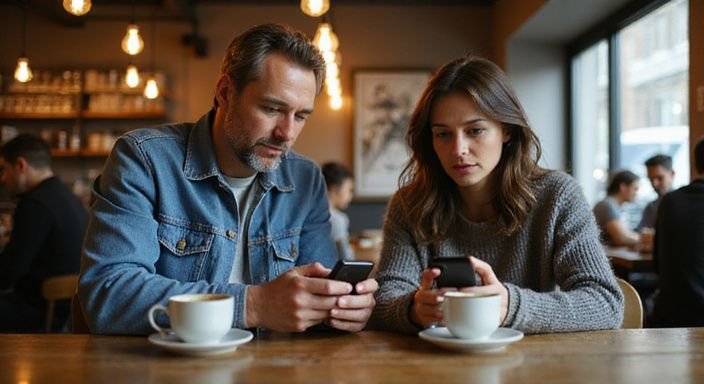 Ein Paar sitzt in einem Café und blickt auf ihre Smartphones. Ein Paar sitzt in einem Café und blickt auf ihre Smartphones und suche Sexdates mit reifen Frauen.