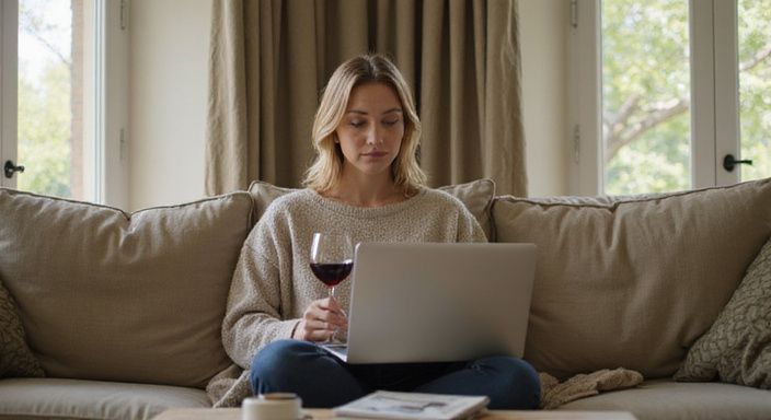 Eine entspannte Frau sitzt auf dem Sofa und arbeitet am Laptop und suche sexkontakt in Aargau.