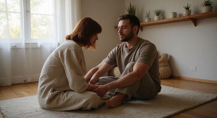 Ein Paar genießt eine intime, entspannende Massage auf einem Teppich.