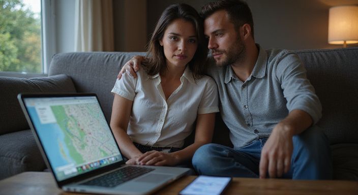 Ein Paar sitzt entspannt auf einem Sofa und nutzt ein Laptop.