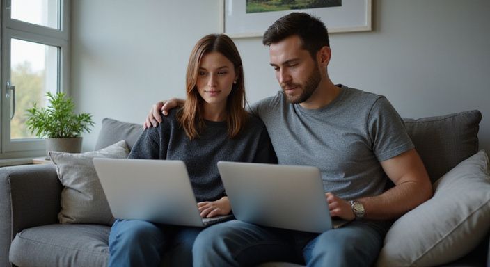 Ein Paar arbeitet konzentriert an Laptops auf einem Sofa.