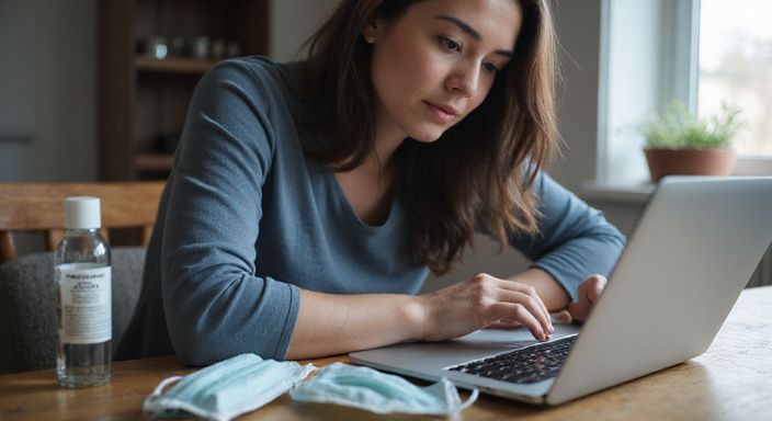 Eine Frau prüft sorgfältig Sicherheitshinweise am Laptop am Tisch.