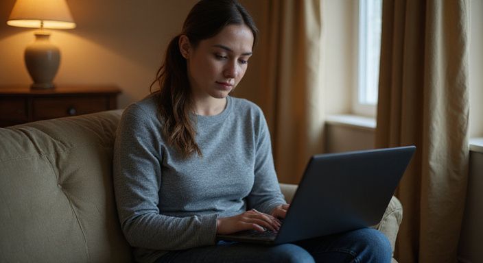 Frau sitzt auf Sofa und schaut konzentriert auf ihren Laptop.