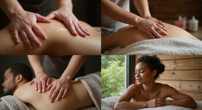 Intime Momente der Massage und Wellness in verschiedenen entspannenden Umgebungen.
