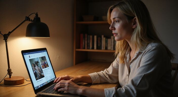 Eine erfahrene Frau arbeitet konzentriert am Laptop an ihrem Schreibtisch