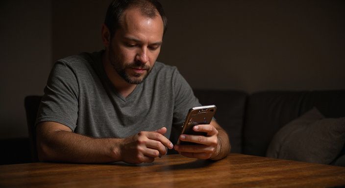 Ein Mann scrollt konzentriert durch eine Dating-App für sexkontakt in Aargau auf seinem Smartphone.