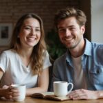 Ein Paar sitzt entspannt in einem Café und lacht miteinander