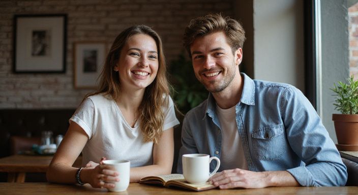 Ein Paar sitzt entspannt in einem Café und lacht miteinander