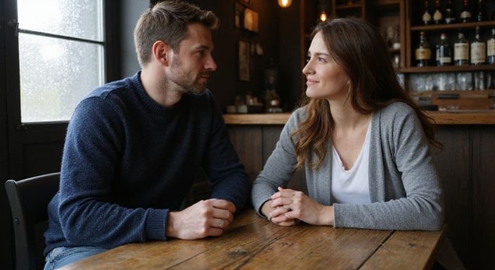 Ein Paar sitzt an einem rustikalen Tisch in einer Bar. Ein Paar sitzt an einem rustikalen Tisch in einer Bar.