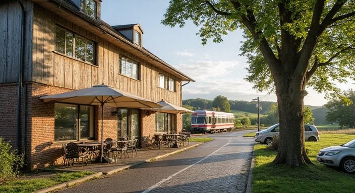 Ruhige ländliche Landschaft mit modernem Wohnhaus und einladendem Café. Ruhige ländliche Landschaft mit modernem Wohnhaus und einladendem Café.