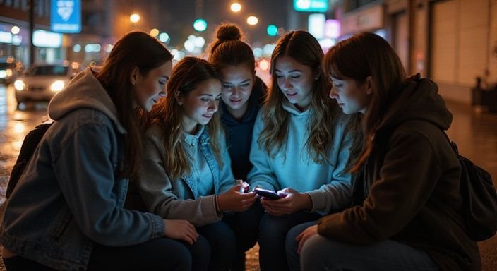 Eine diverse Gruppe von sechs Personen teilt Informationen über ein Smartphone. Eine diverse Gruppe von sechs Personen teilt Informationen über ein Smartphone.