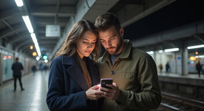 Ein Paar betrachtet konzentriert den Bildschirm eines Smartphones am Bahnhof. Ein Paar betrachtet konzentriert den Bildschirm eines Smartphones am Bahnhof und wollen sexkontakt in Basel.