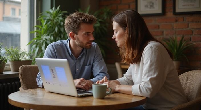 Ein Paar diskutiert konzentriert über Verifikationsprozesse in einem Café. Ein Paar diskutiert konzentriert über Verifikationsprozesse in einem Café.
