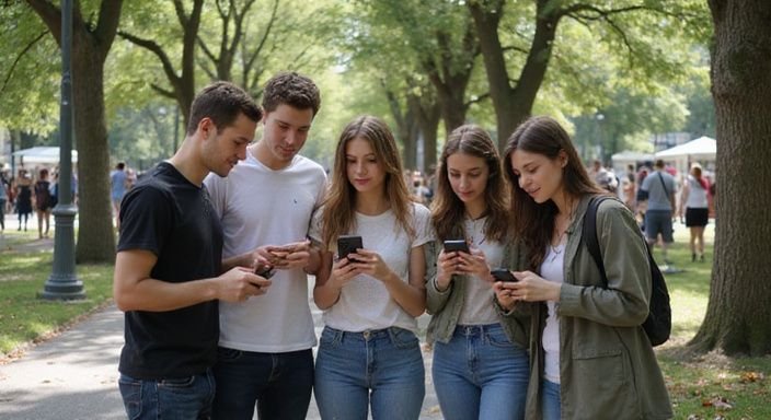 Fünf Freunde nutzen ihre Smartphones in einem belebten Stadtpark. Fünf Freunde nutzen ihre Smartphones in einem belebten Stadtpark und suche sexkontakt in Basel.