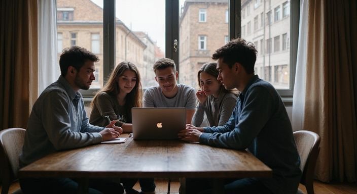 Fünf junge Erwachsene sitzen um einen Laptop in einem gemütlichen Raum. Fünf junge Erwachsene sitzen um einen Laptop in einem gemütlichen Raum.