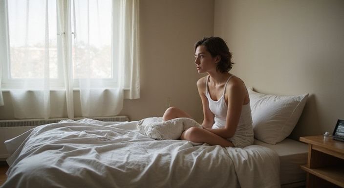 Ein Zimmer mit einem Bett, Nachttisch und nachdenklicher Person. Ein Zimmer mit einem Bett, Nachttisch und nachdenklicher Person.