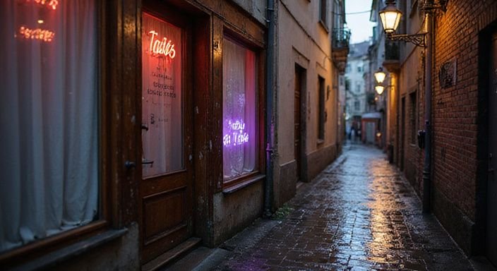 Eine schmale Gasse in Basel mit diskreten Erotikgeschäften und neonbeleuchteten Schildern. Eine schmale Gasse in Basel mit diskreten Erotikgeschäften und neonbeleuchteten Schildern.