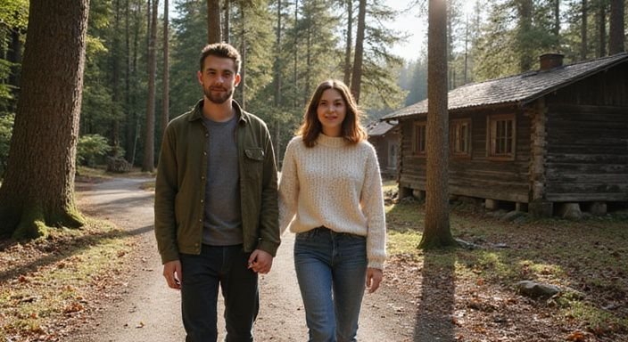 Ein Paar spaziert Hand in Hand einen schmalen Waldweg entlang