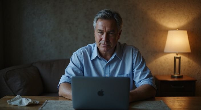 Ein nachdenklicher Mann sitzt an einem Holztisch mit einem Laptop. Ein nachdenklicher Mann sitzt an einem Holztisch mit einem Laptop suche sexkontakt in Basel.