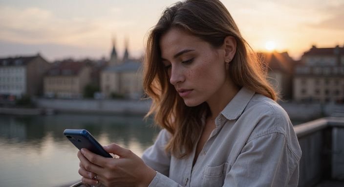 Eine Frau schaut konzentriert auf ihr Smartphone vor einer Stadtlandschaft. Eine Frau schaut konzentriert auf ihr Smartphone und wollen sexkontakt in Luzern.