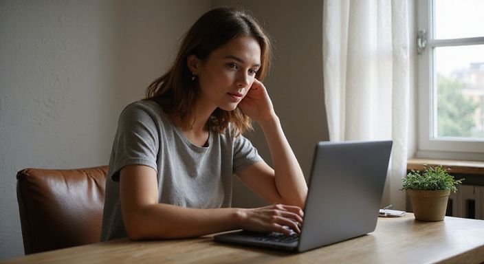 Eine junge Frau sitzt an einem Schreibtisch und konzentriert sich. Eine junge Frau sitzt an einem Schreibtisch und suche sexkontakt in Luzern.