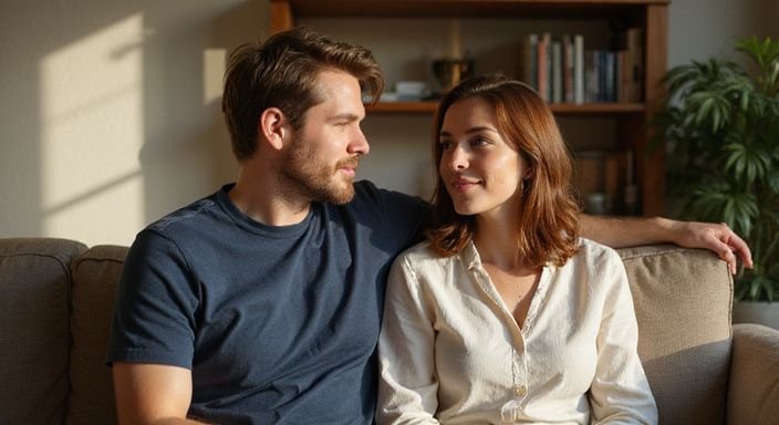 Ein Paar sitzt entspannt auf einem Sofa in ihrem gemütlichen Zuhause