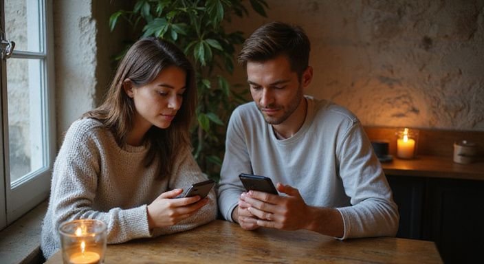 Ein Paar sitzt in einem Café, blickt auf ihre Smartphones. Ein Paar sitzt in einem Café, blickt auf ihre Smartphones.