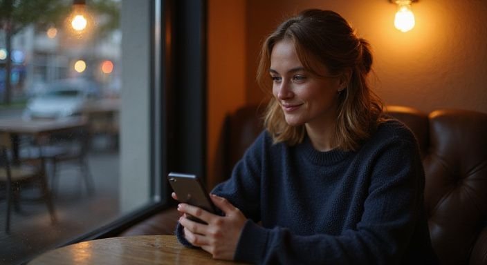 Eine Frau sitzt entspannt in einem Café und lächelt auf ihr Smartphone. Eine Frau sitzt entspannt in einem Café und lächelt auf ihr Smartphone.