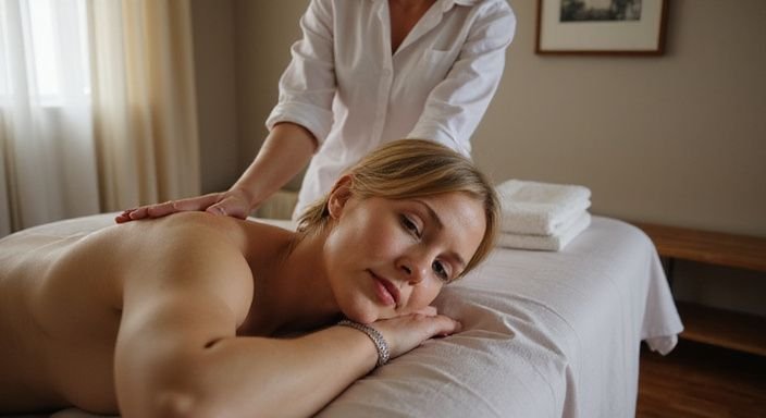 Eine entspannte Frau erhält eine Massage in einem ruhigen Raum. Eine entspannte Frau erhält eine Massage in einem ruhigen Raum.