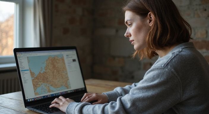 Eine fokussierte Frau arbeitet am Laptop an einem Holztisch. Eine fokussierte Frau arbeitet am Laptop an einem Holztisch.