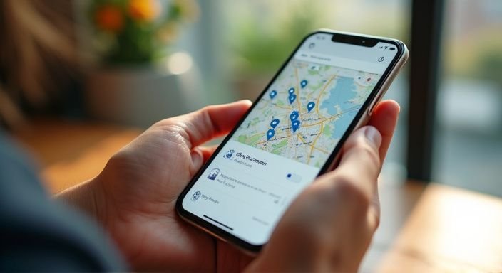 Nahaufnahme eines Mobiltelefons mit digitaler Karte in der Hand. Nahaufnahme eines Mobiltelefons mit digitaler Karte in der Hand.
