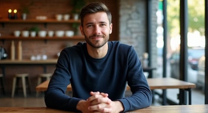 Ein entspannter Mann in einem gemütlichen Café, interessiert im Gespräch. Ein entspannter Mann in einem gemütlichen Café, interessiert im Gespräch ïber Sexkontakt Österreich.