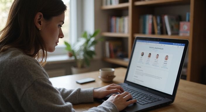 Eine Frau arbeitet konzentriert an ihrem Laptop in einem heimischen Büro. Eine Frau arbeitet konzentriert an ihrem Laptop in einem heimischen Büro.