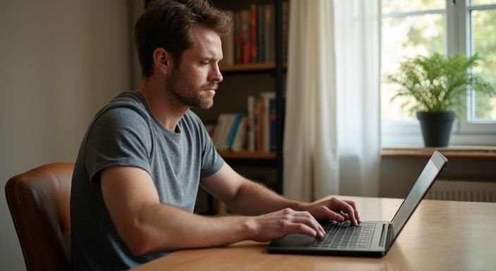 Ein Mann sitzt an einem Schreibtisch und durchsucht Dating-Profile. Ein Mann sitzt an einem Schreibtisch und durchsucht Dating-Profile für Sexkontakt Österreich.