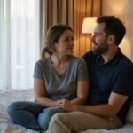 Ein Paar sitzt eng beieinander auf einem Bett in einem Hotelzimmer