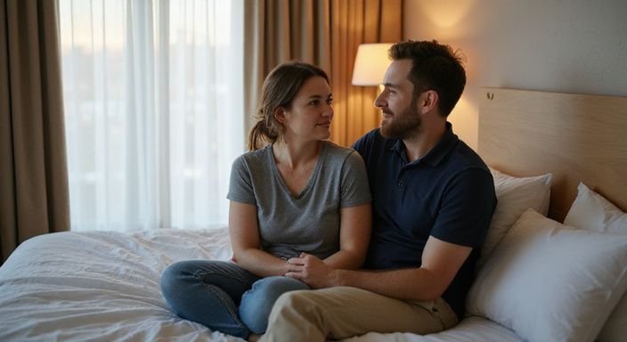 Ein Paar sitzt eng beieinander auf einem Bett in einem Hotelzimmer