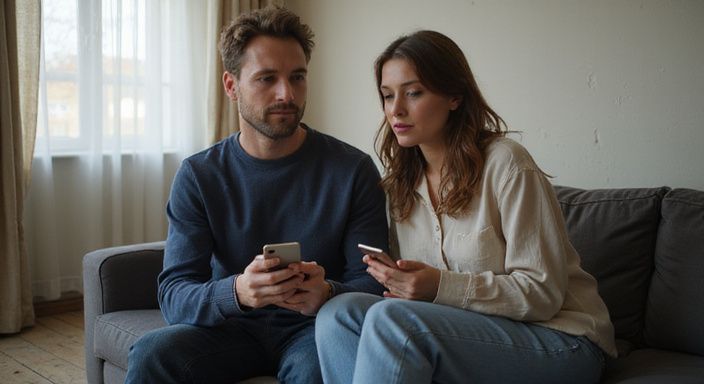 Ein Paar sitzt auf einem Sofa, konzentriert auf ihre Smartphones. Ein Paar sitzt auf einem Sofa, konzentriert auf ihre Smartphones und wollen sexkontakt in Sankt Gallen.
