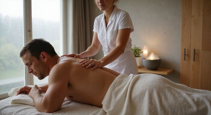 Eine Massage in einem eleganten Spa mit entspannter Atmosphäre. Eine Massage in einem eleganten Spa mit entspannter Atmosphäre.