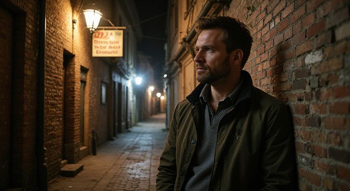 Eine schmale Gasse mit erotischen Werbeschildern und einer angespannten Atmosphäre. Eine schmale Gasse mit erotischen Werbeschildern und einer angespannten Atmosphäre.