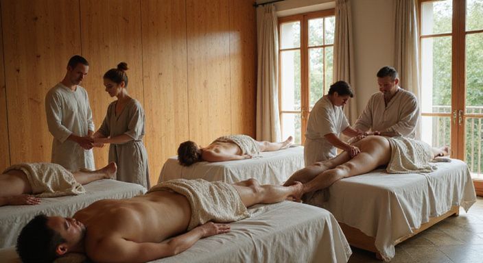 Eine entspannte Gruppe genießt Massagen in einem luxuriösen Spa. Eine entspannte Gruppe genießt Massagen in einem luxuriösen Spa.