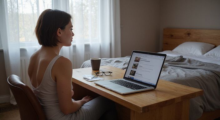 Ein entspannter Raum mit einem offenen Laptop und einem ungemachten Bett. Ein entspannter Raum mit einem offenen Laptop und einem ungemachten Bett.